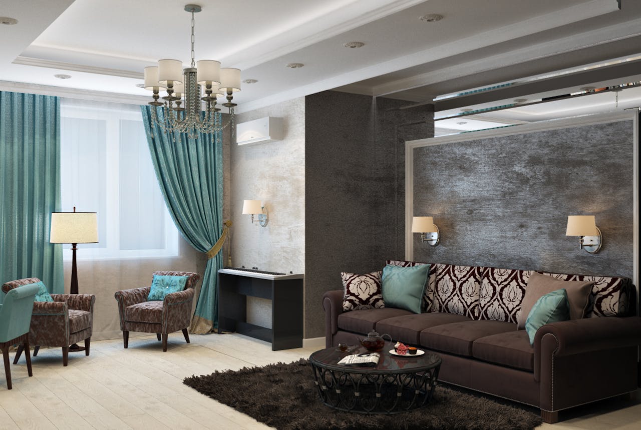 our-story Luxurious modern living room with chandelier, sofa, armchairs, and stylish decor.