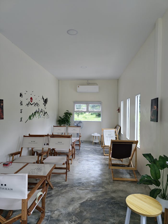 about-us A modern, minimalist cafe interior featuring wooden furniture and potted plants.